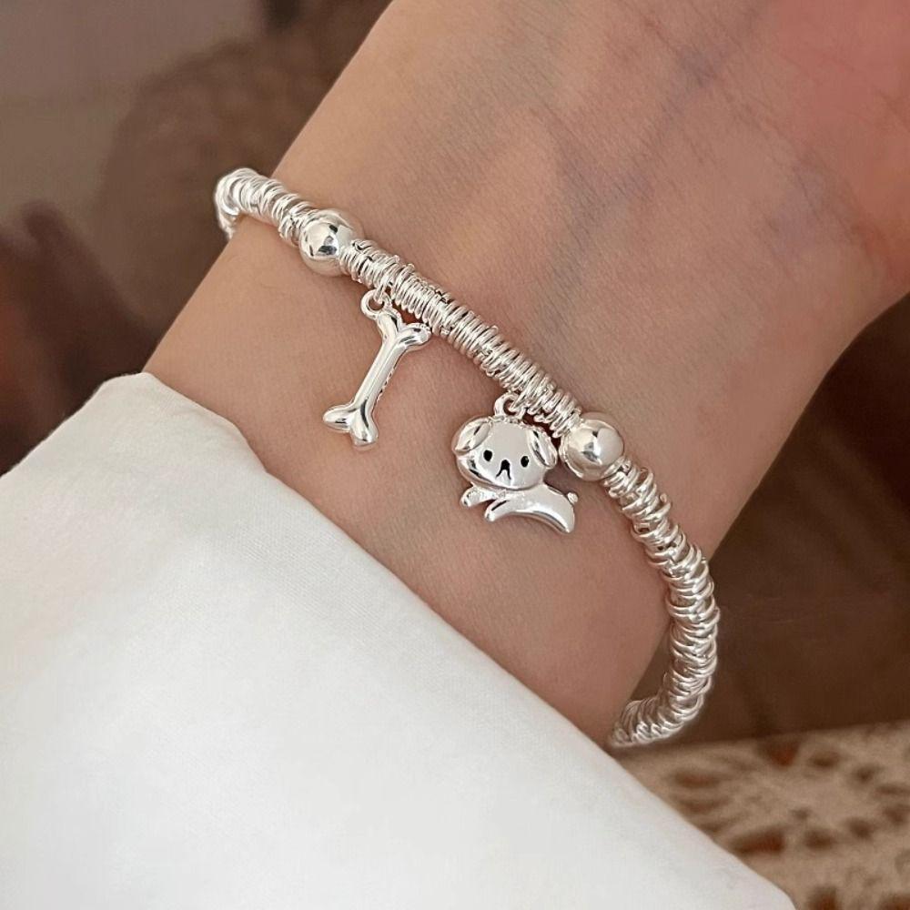 2PCS Light Luxury Cute Dog Bracelets Lovers Friends Metal Beaded Bracelet  Friendship