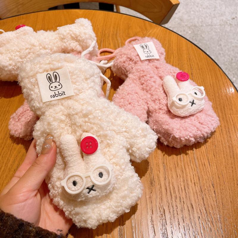 Charming Cartoon Rabbit Plush Gloves - Warm Velvet Lined Winter Mittens for Women and Students