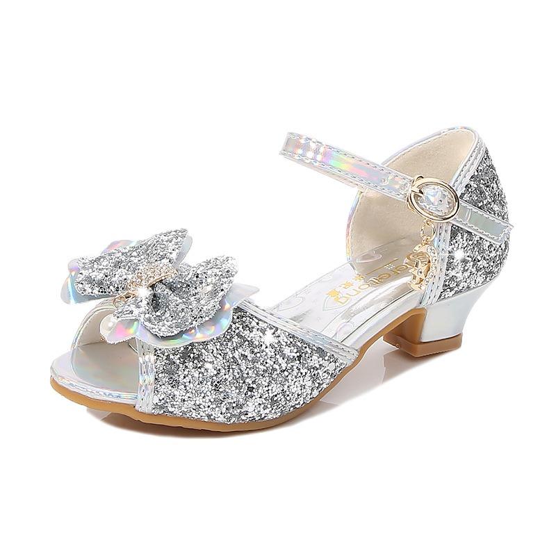 

Girls Princess Shoes Summer Baby Girls Sandals Non-slip High Heels Fashion Bow Shoes for Little and Big Kids 38 срібний