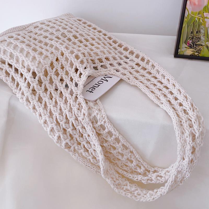 Solid Color Knitting Shoulder Bag Large Capacity Versatile Bohemian Crochet Tote Bag Hollow Out Casual Woven Handbag Women