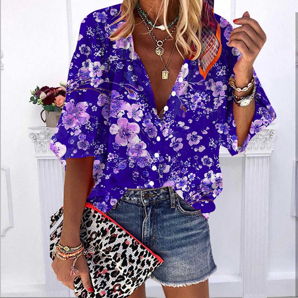 2023 Summer Autumn New Fashion Women's Tops Orange Plum Printed Half Sleeve Casual Plus Size Button-down Shirt with Bubble Sleeves