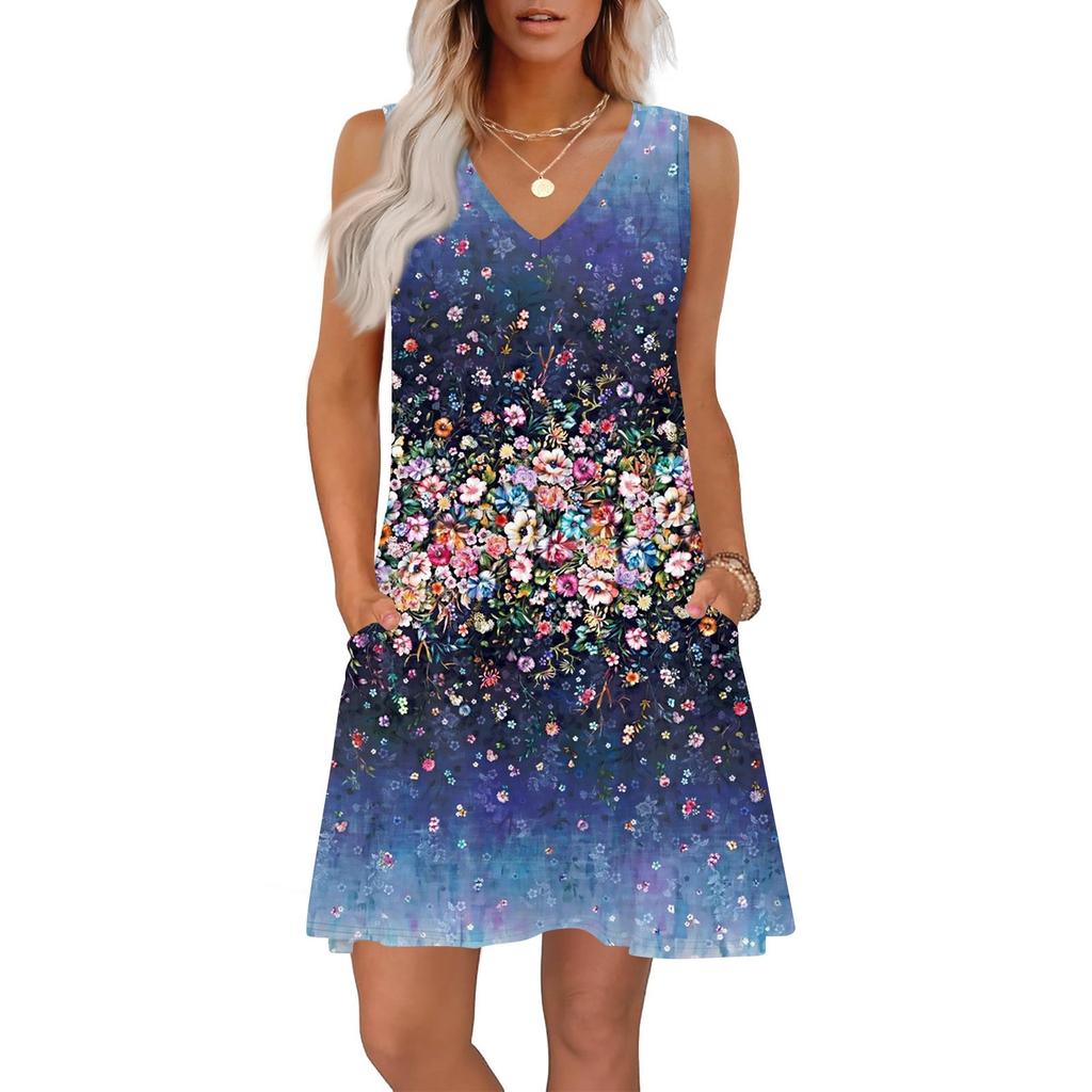 Women's Summer Dresses Loose Fit Printed V Neck Sleeveless Sundresses Beach Hawaiian Dress With Pockets