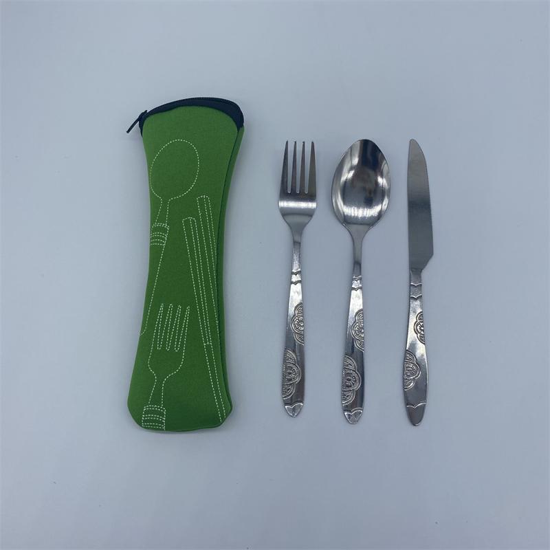 3pcs Set  Dinnerware Portable Printed Stainless Steel Spoon Fork Steak Knife Set Travel Cutlery Tableware with Bag
