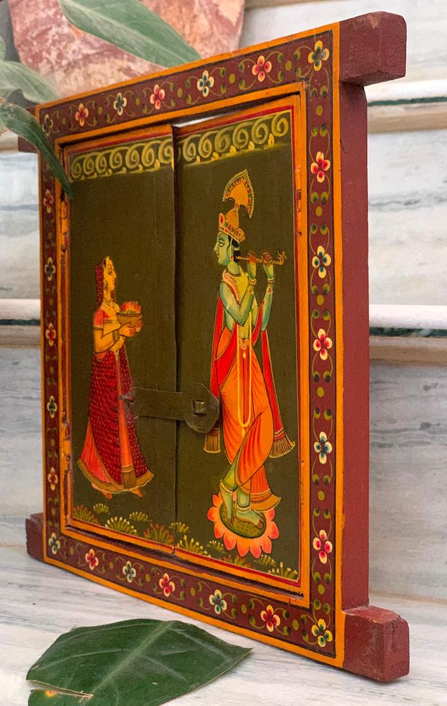 Handmade Radha Krishna Painting: Vintage Wooden Window Wall Decor