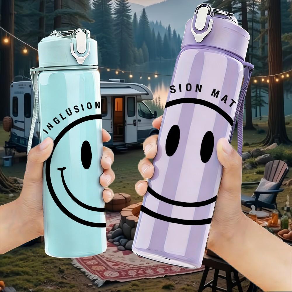 1PC Minimal Smiley Face Circle Art 750ml Color Plastic Sports Water Bottle Leakproof Flip Straw Lid Suitable for Sports Office Home Use