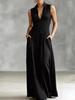 Elegant Black Sleeveless V-Neck Waist-Cinched Long Dress with Wide Hem - Perfect for Commuting and Evening Events.