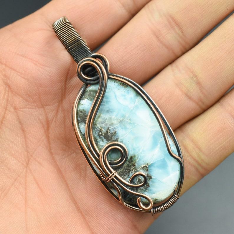 Natural Larimar Gemstone Copper Wire Pendant Copper Wire Wrapped Jewelry Natural Crystal Pendant Copper Jewelry Birthday Gift For Her