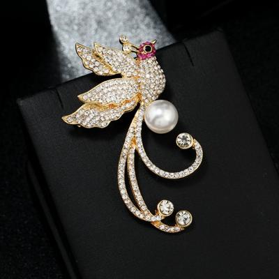Yousheng Spilla di Lusso Semplice da Donna a Forma di Fenice con Strass Lucenti Incastonati e Perla Sintetica, Spilla Placcata Elettroliticamente per Abito, Accessori per Outfit