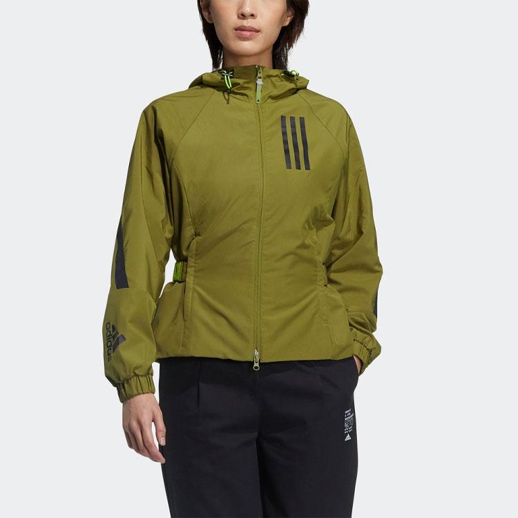 Adidas Striped Print Zip-Up Hooded Jacket With Drawstring Waist Women Outerwear Army-Green GM0699
