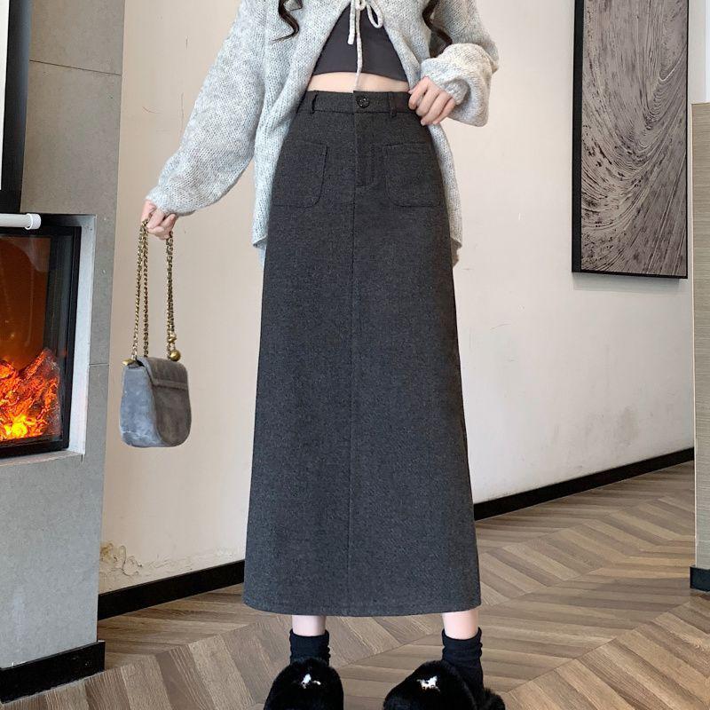 2025 Autumn/Winter Woolen High-Waisted Slimming Straight Midi Skirt with Slit