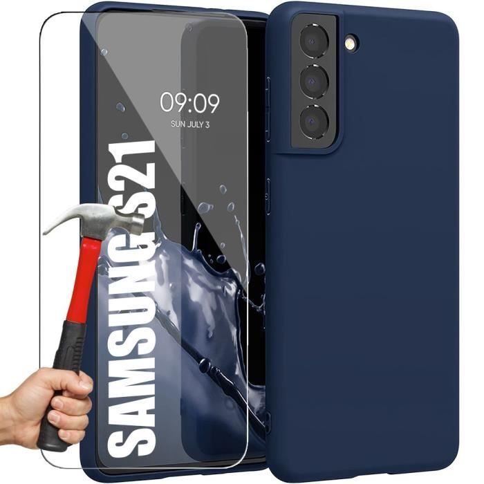 Coque - Samsung - Galaxy S21 - Silicone - Matte - 2 Verres Trempés - Bleu Marine