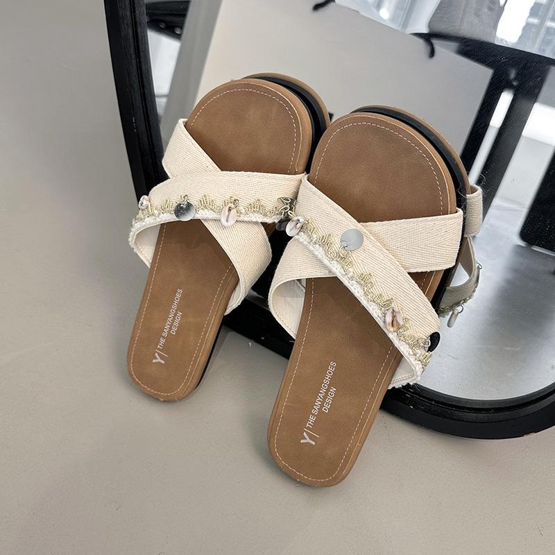 Muffin flat-bottomed slippers for women's summer outer wear 2025 new retro beads versatile with skirts cross with beach sandals
