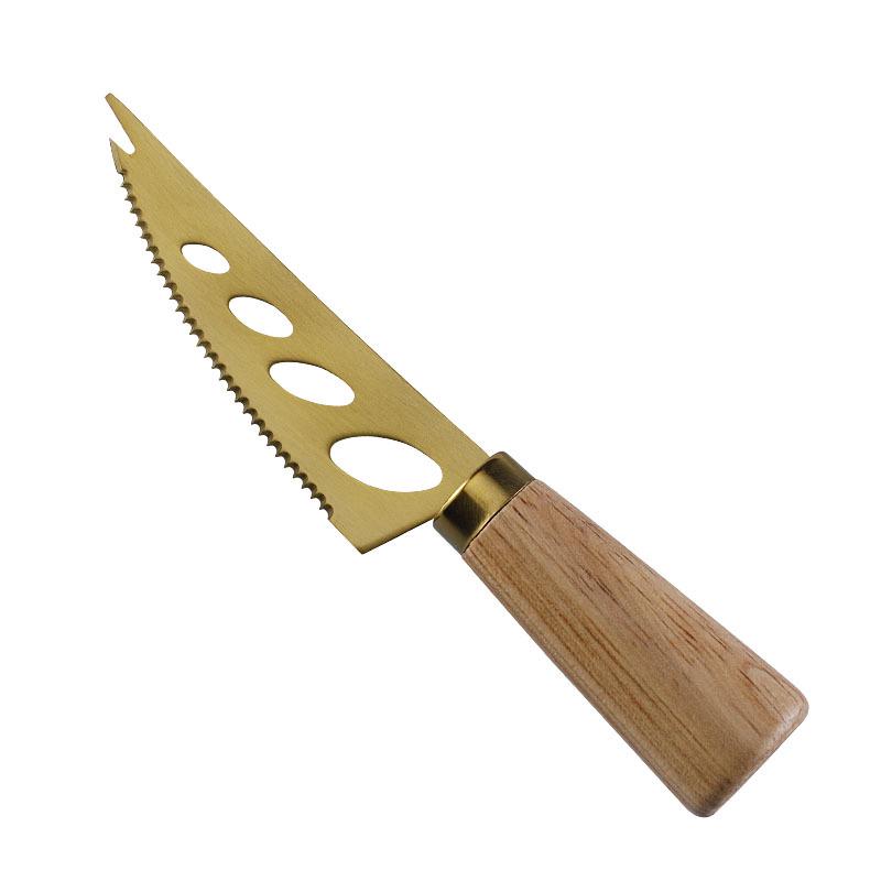 Stainless Steel Gold Cheese Knife Set with Fork and Rubberwood Handles