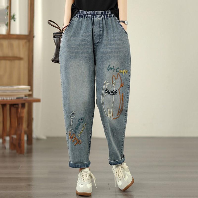 Plus Size Vintage Embroidery High Waist Casual Loose Women Spring Summer Autumn Jeans Denim Harem Pants