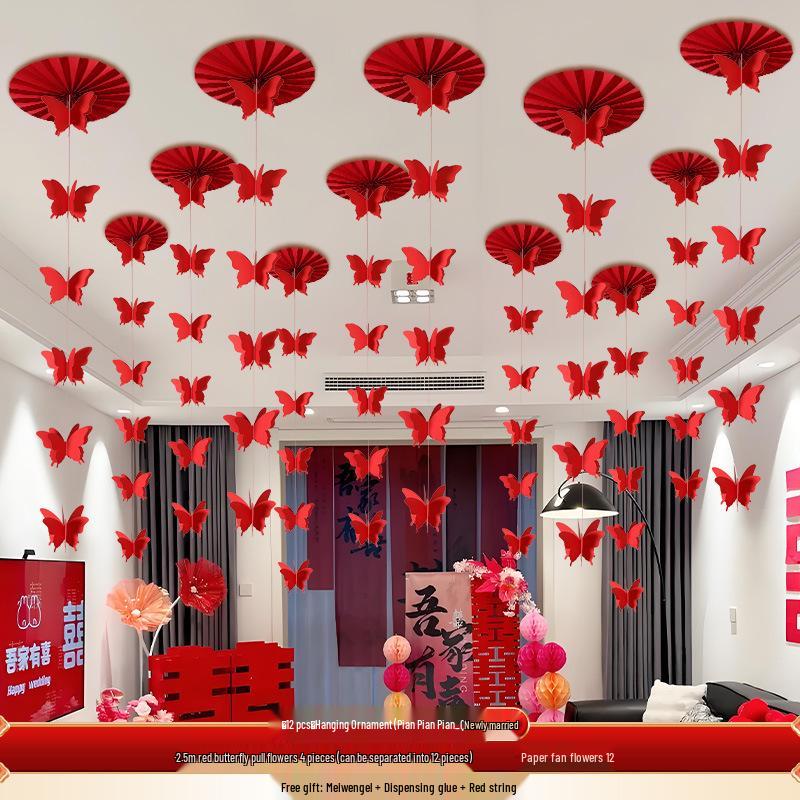 Wedding Décor: Double Happiness Paper Cut Ornaments for Ceiling and Walls, Festive Butterfly Pull Flowers for Bedrooms and Living Rooms