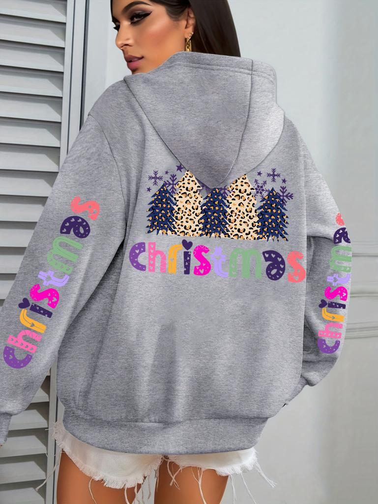 Merry Christmas Leopard Trees Printing Hoodie Women Hip Hop All-Match Streetwear Casual Loose Hoodies Fleece Autumn Woman Hoody