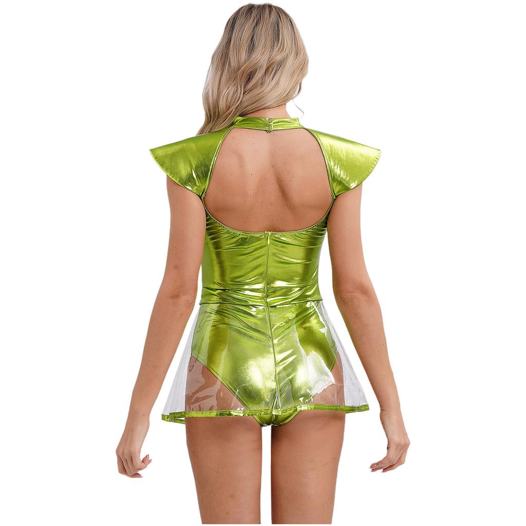 Womens Space Alien Cosplay Costume Fly Sleeve Cutout Briefs Bottom PVC Skirt One Piece Bodysuit Carnival Wear