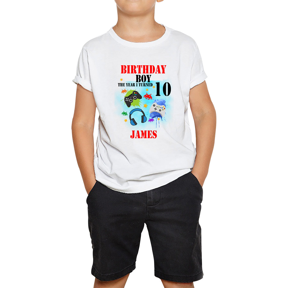 

Personalised Birthday Boy The Year I Turned Your Name And Birthday Year Funny Gamer Boy Color Splash Kids T Shirt 120