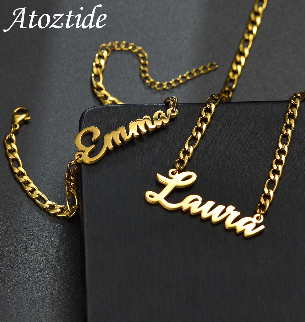 Atoztide Personalized Custom Name Necklace Bracelet Jewelry Set Figaro Chain Pendant Stainless Steel For Women Birthday Gift