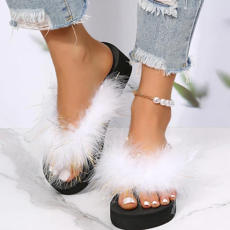 Fashion Women's Slippers with Faux Fur Non Slip Platform Wedges Flip-Flops for Woman 2025 Fashion Summer Vacation Beach Sandals Mujer