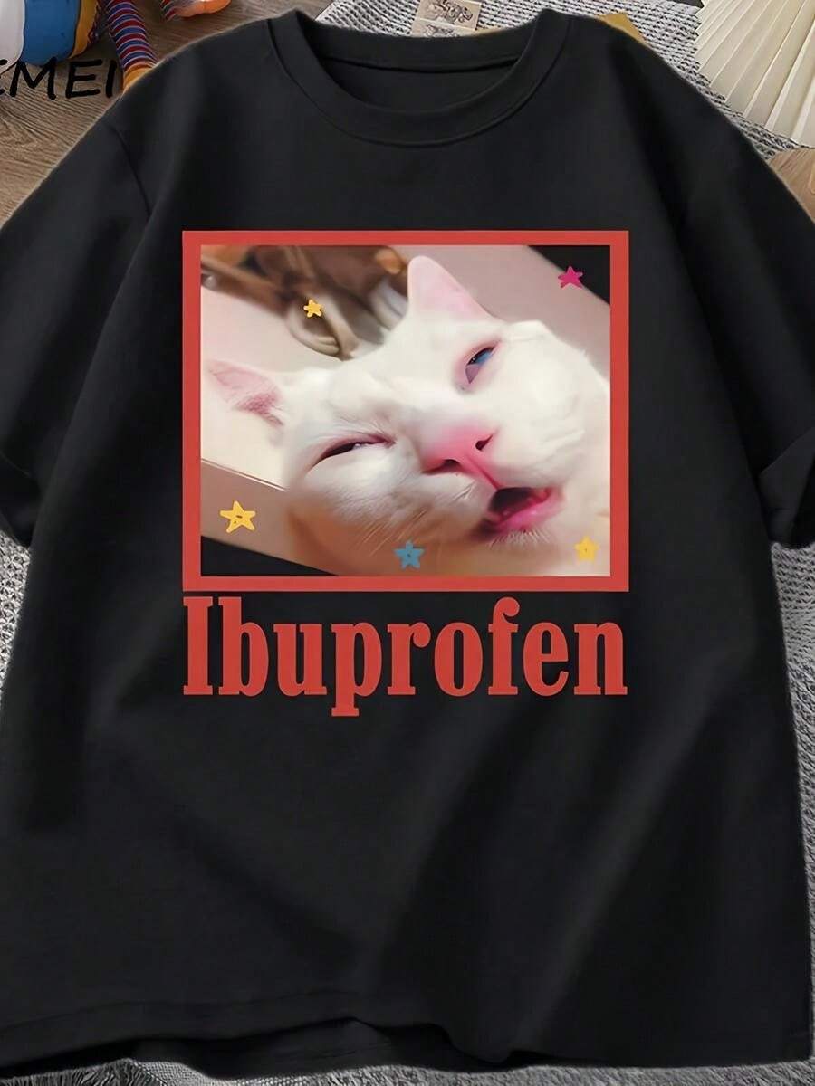 Funny Ibuprofen Cat Meme T-Shirt - Black T-Shirt With Red Graphics, Unisex Oversized, Cute Medicine S