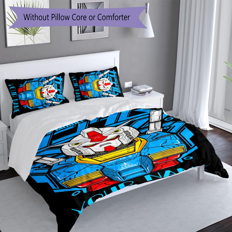3pcs Custom Name Mobile Suit Gundam Set,Includes 1 Duvet Cover and 2 Pillowcases,All-season Bedroom Decor