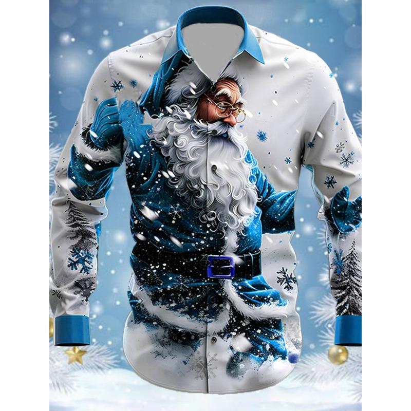 Christmas Theme Fashion Men's Casual Long Sleeve Shirt Breathable Tops Santa Claus Themed Stylish Pattern Full Sleeve Shirts