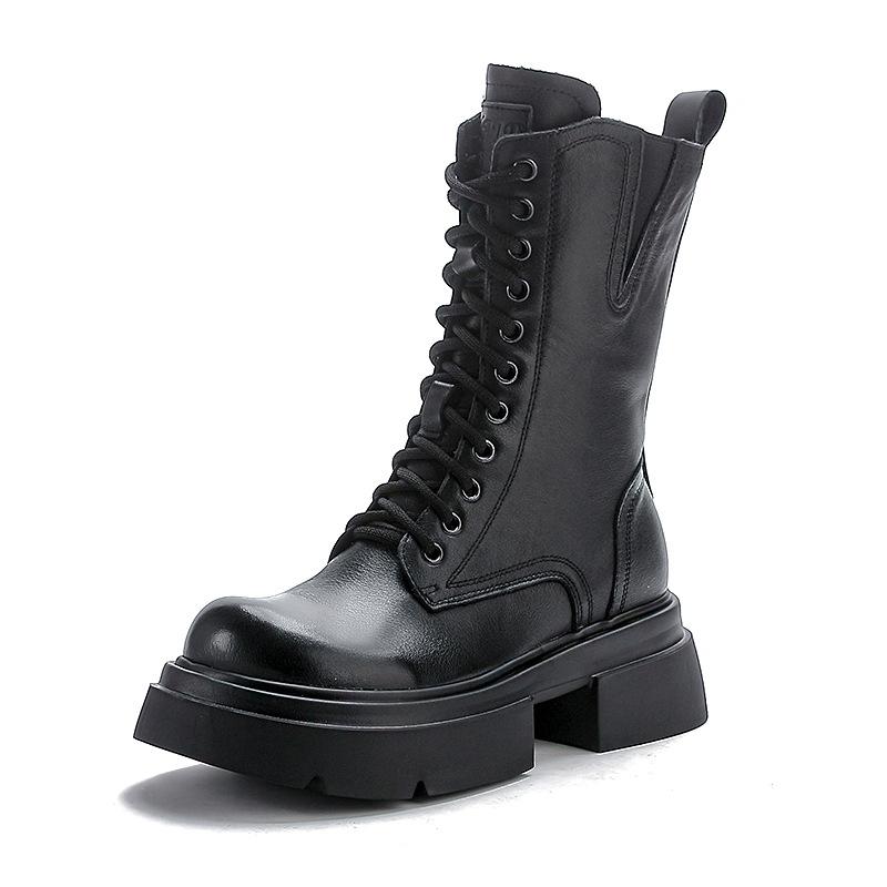 Cowhide Medium Boots Women's Genuine Leather Cotton Short Knight Boots Retro British Style Thick-soled Boots YR-YR1616