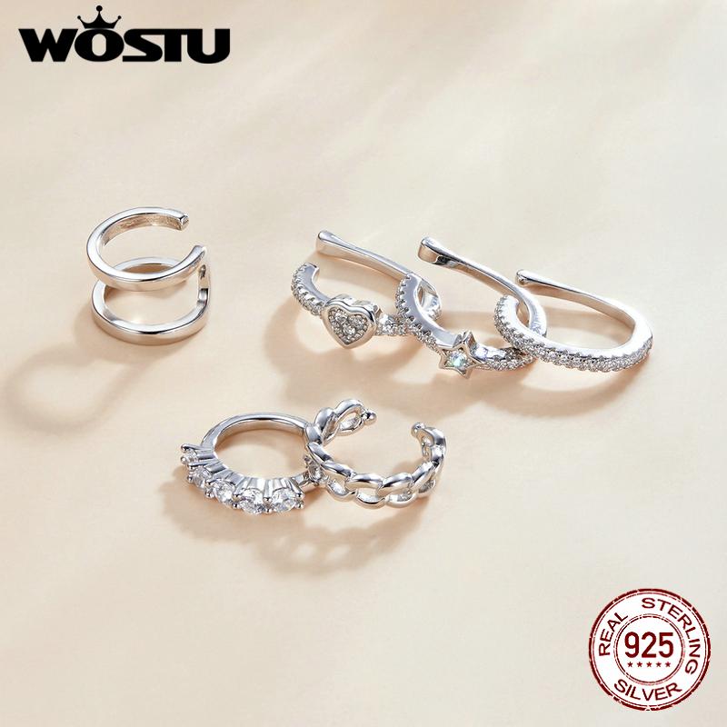 WOSTU Authentic 925 Sterling Silver Ear Clip Earrings For Women Anniversary Party Fashion Jewelry Gift CQE1022