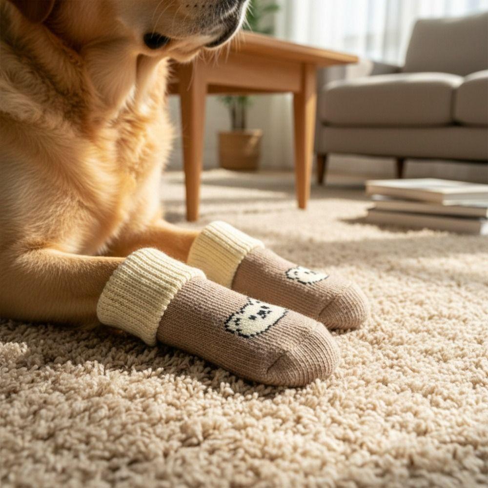 4pcs/set Elastic Pet Anti-slip Socks Cartoon Pattern Dog Paw Protectors Pet Footwear  Autumn Winter