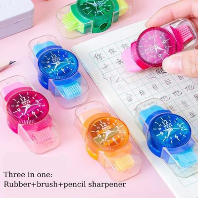 6Pcs Student Pencil Sharpener 3 In 1 Watch Shape Random Colors Pencil Cutter with Reel Eraser Brush