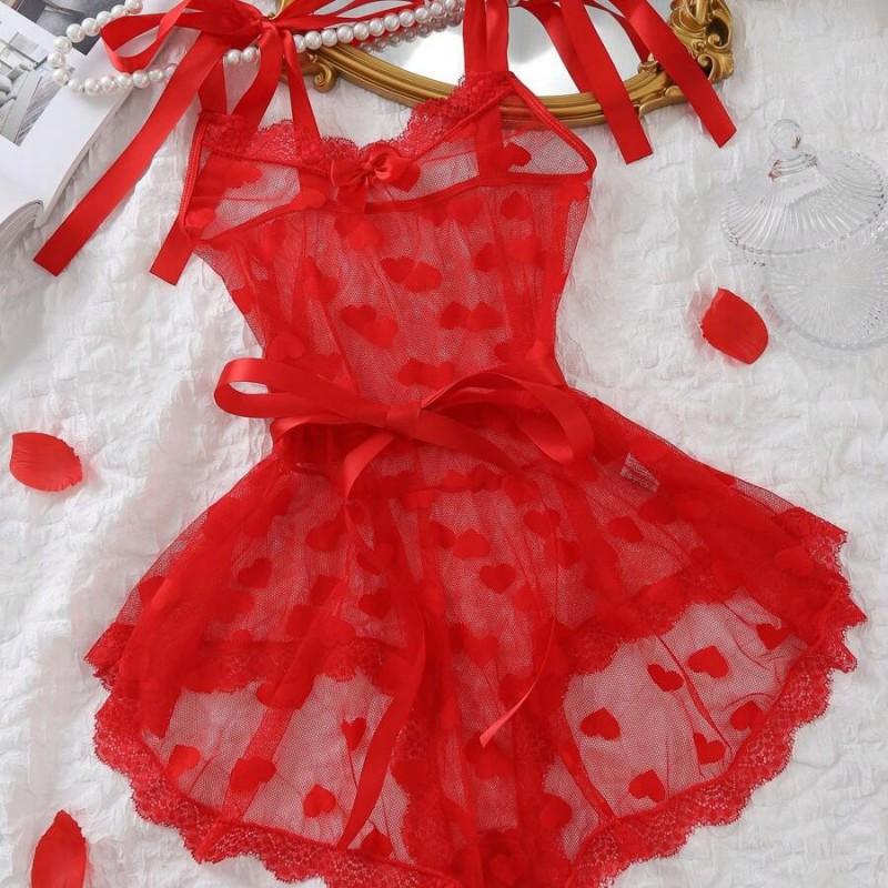 Womens Lace Mesh Bodysuit With Heart Detail Waist Cincher Lingerie Set Red S M L XL XXL