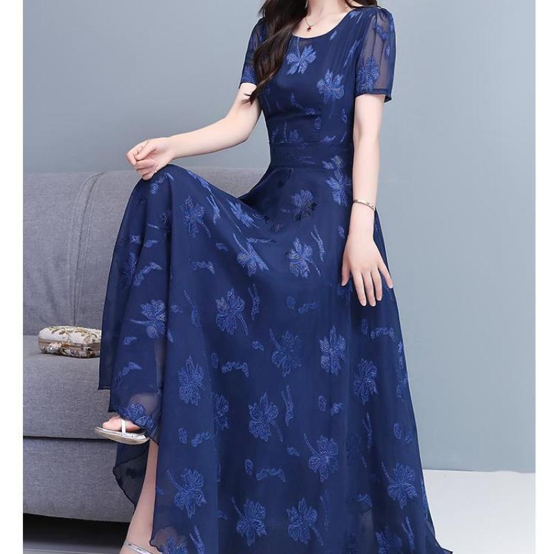 Summer New Women's Short Sleeve Printed Dress Slimming Waist Flared Long Skirt Korean Style Elegant Fashionable Casual Dress