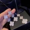 Full Diamond Three Flower Four Leaf Necklace Women Jewelry Set Long Elegant Chain Bridal Dinner Earrings