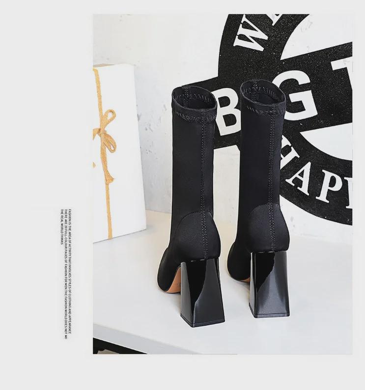 Cizme de gleznă sexy europene și americane din lycra cu vârf ascuțit și toc stiletto pentru femei