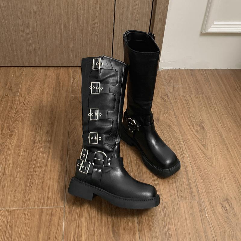 Fashion Winter Thick Heel Woman Knee High Boot Fashion Side Zippers Shoes Vintage Belt Buckle Ladies Knight Long Booties