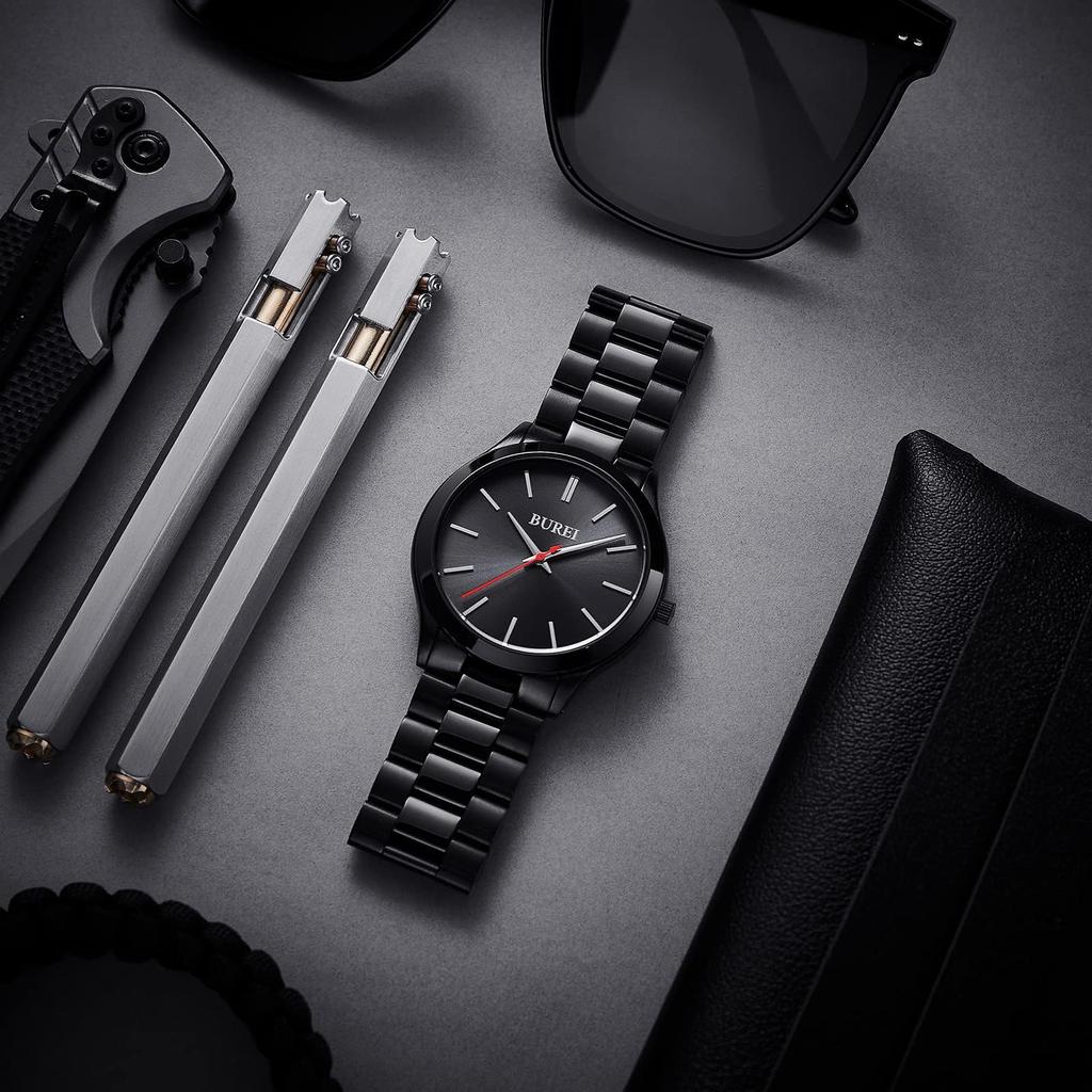 BUREI Men's Analog Quartz Watch Simple Waterproof Black Business Casual Stylish Popular Gentleman Watch Gift Red (Red Second Hand)