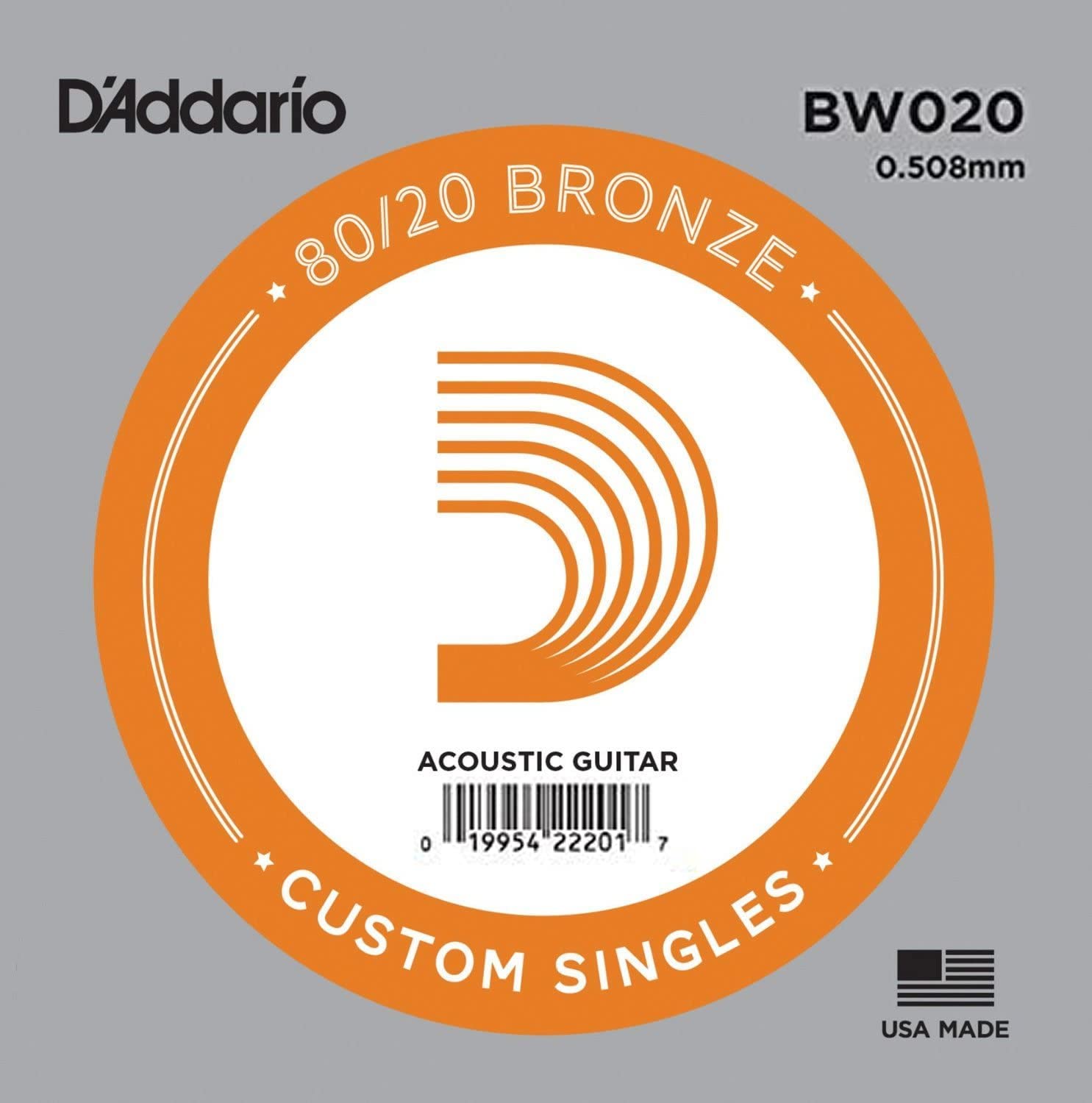 Acoustic Guitar Single Set of 5 D Addario Strings, 80/20 Bronze, .020, BW020,