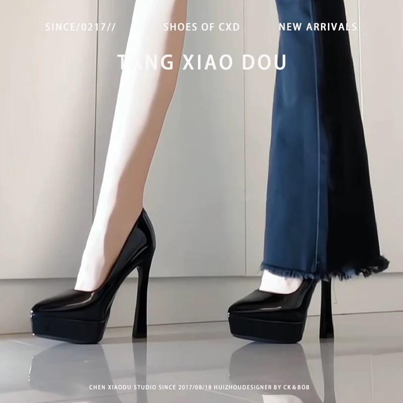 Nude 2025 waterproof platform spring and summer high heels new patent leather pointed tip not tired pointed thick heel women's shoes single shoes