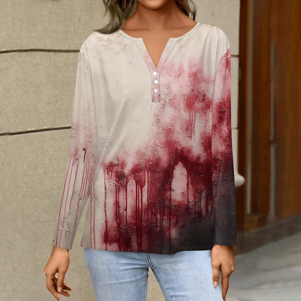 Dámské tričko s potiskem Halloweenu, knoflíky, dlouhý rukáv, denní, víkendová móda, základní, výstřih do V, běžný top