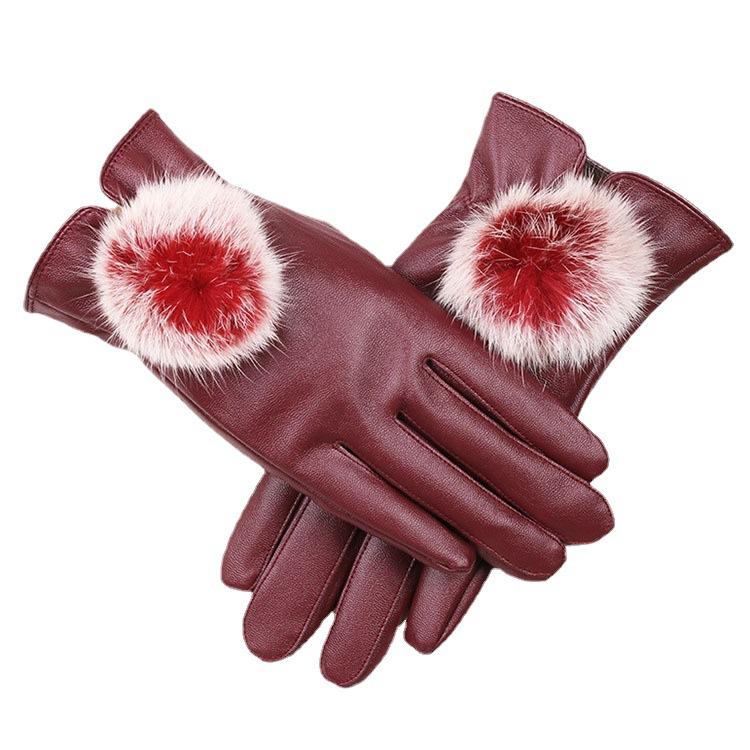Warm Leather Gloves for Women Rabbit Fur Ball Gloves PU Leather Touch Screen Cute Plus Velvet Riding Cold Proof Autumn and Winter Gloves