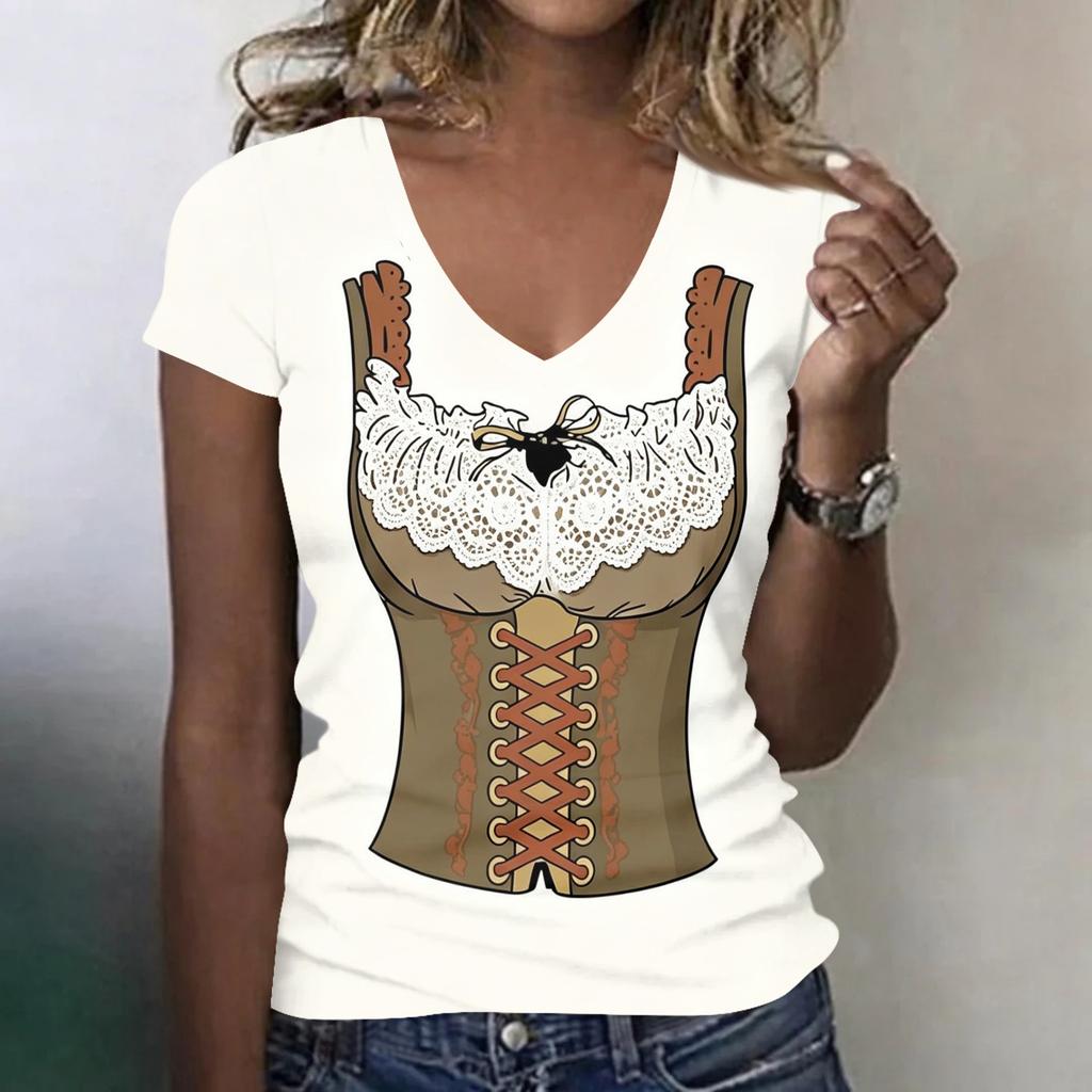 Camiseta casual para mujer con cuello en V y manga corta, top con estampado de Oktoberfest, diseño inspirado en el disfraz de Oktoberfest, tejido ligero y transpirable
