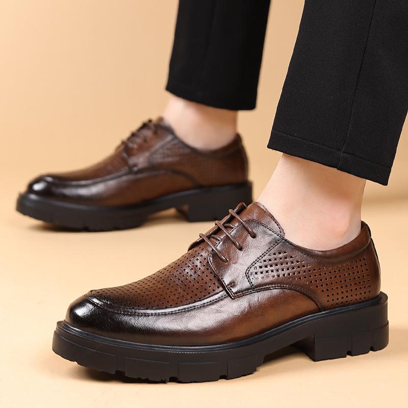 Wenzhou Leather Shoes Men's Summer Hollow Business Heightening 8CM Dress Leather Shoes Hand Scratch Fashion Groom Wedding Shoes Tide