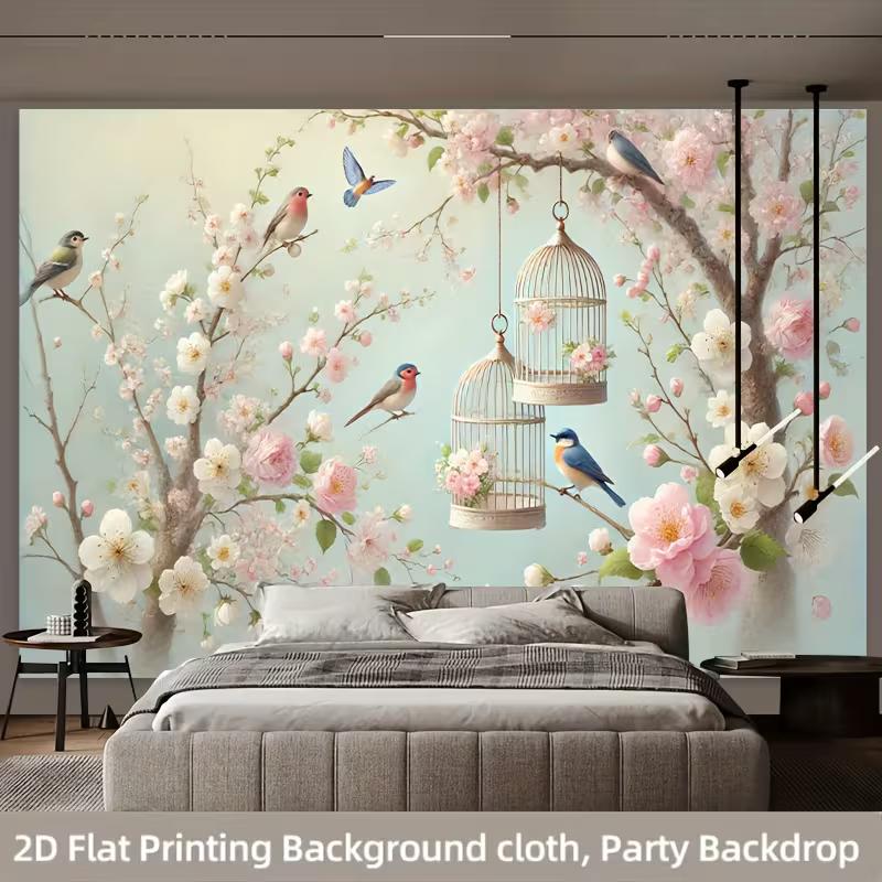 2D Printed Spring Cherry Blossom Tree Backdrop, Cute Birds & Vintage Bird Cage Photo Background for Birthday Party