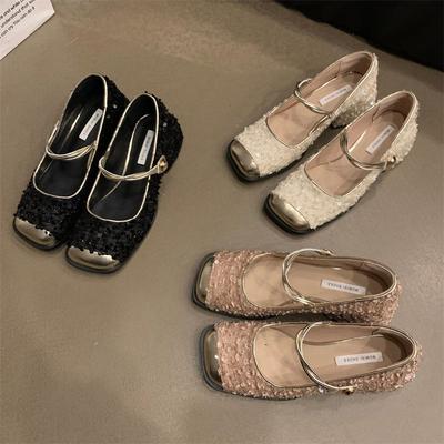 French Sequined Design Late Evening Wind Single Shoes 2024 Summer Soft-soled Small Fragrant High Heels Fashion Leather Shoes