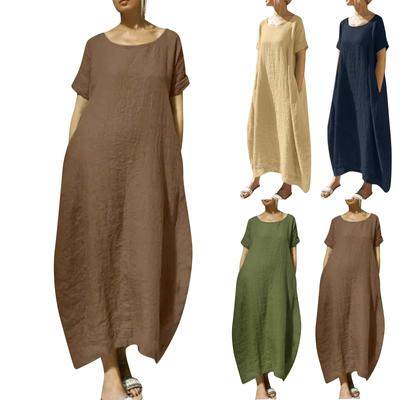 Women's Loose Cotton And Linen Solid Color Short Sleeved Round Tie Pocket Casual Dress