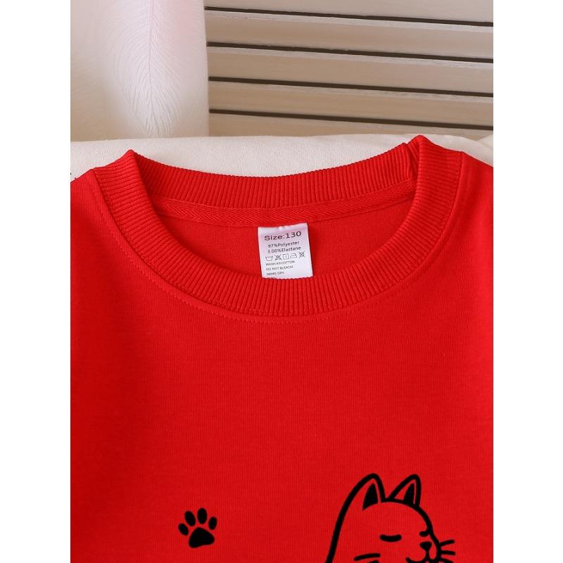 European Sizes Adorable Cat And Paw Prints Sweatshirt for Girls, Crew Neck, Autumn Winter, Long Sleeves, Variety of Colors for Young Girls.