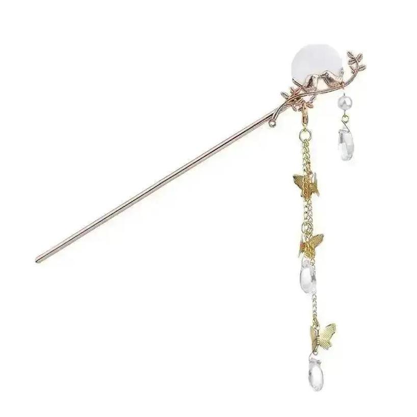 Moon Bird Crystal Tassel Hairpin Creative Ancient Costume Accessories Retro Hairpin Simple Fashionable Women Traditional Jewelry