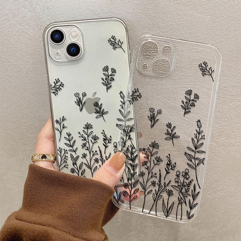 Simple lines flower apple 15promax mobile phone case new iphone14 premium 13 transparent all-inclusive soft case