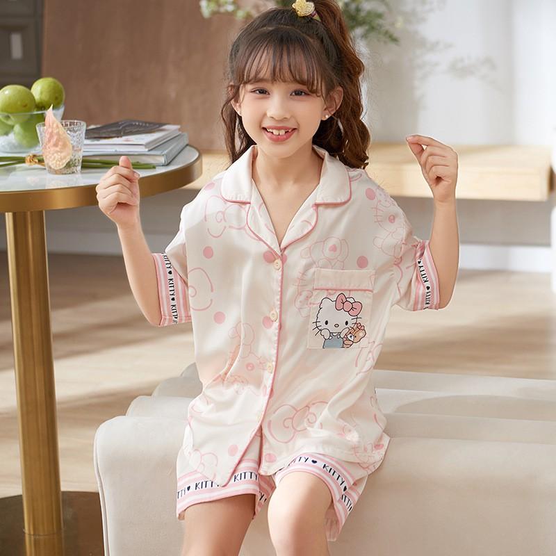 Girls Ice Silk Pajama Set Short Sleeve Cartoon Print Sleepwear 8-14 Years Old Kids